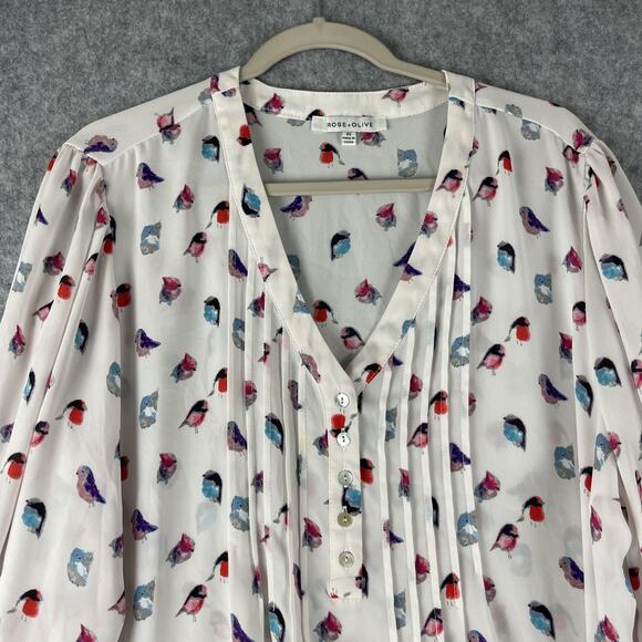 Rose Olive Tunic Top Woman 2X Bird Print 3/4 Sleeve Lightweight Pintuck Artsy - Picture 2 of 14